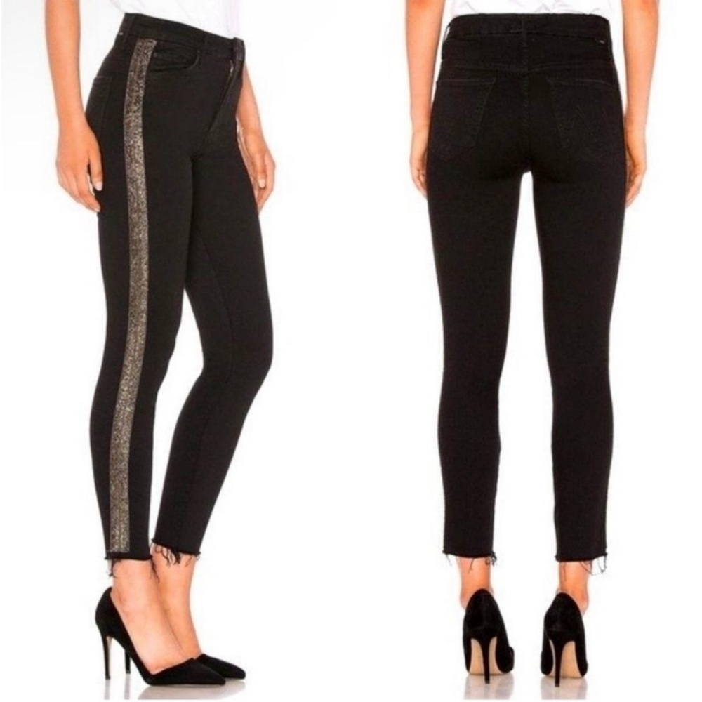 Mother High Waisted Looker Ankle Fray Guilty Flash Jean Beaded, Black -26